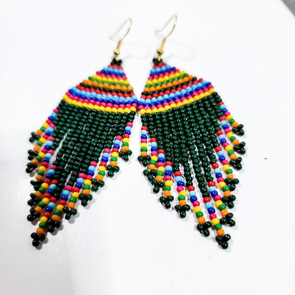 Handmade Forest Green Tribal Seed Bead Fringe Earrings - Picture 4 of 7